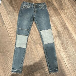 Girls blue jeans, medium wash with patches, girls size 8